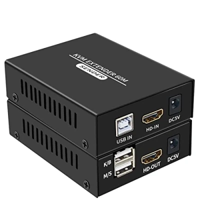 Immagine di 60M HDMI KVM Extender su Cat5e Cat6 1080P USB Trasmettere con Loop out Supporto Tastiera Mouse Estensione