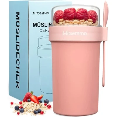 Immagine di Mitsemmo tazza per cereali to go 760 ml + 230 ml, cereali, yogurt con cucchiaio, ciotola la colazione, (rosa)