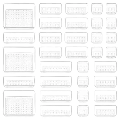 Immagine di Vtopmart Set di 37 organizer per cassetti in plastica trasparente, 4 dimensioni, versatili bagno e toeletta, contenitori trucchi, gioielli, utensili da cucina ufficio