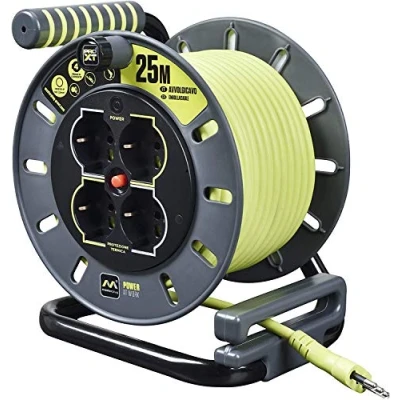 Immagine di Masterplug Pro XT Avvolgicavo 25 metri, 4 Prese Universali prolivalent: Bipasso, EU, Schuko, Prolunga Elettrica 16A, Indicatore LED, Cavo Alta Visibilità