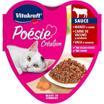 Immagine di VITAKRAFT Poésie Création, alimento Umido Gatto, con Manzo, Carota, in squisita Salsa, per Gatti Adulti, Senza l&#039;aggiunta di zuccheri e minerali (15x 85g)