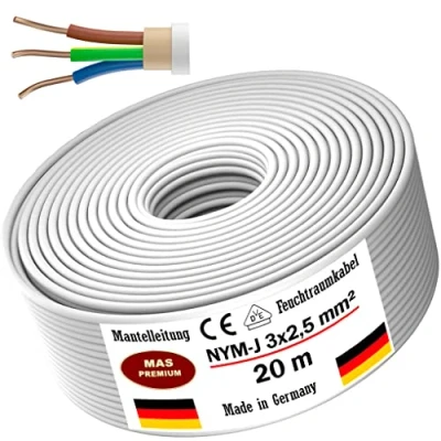 Immagine di cavo di alimentazione per ambienti umidi da 5, 10, 15, 20, 25, 30, 35, 40, 50, 75, 80 o 100 m, elettrico ad anello NYM J 3 x 2,5 mm² posa fissa
