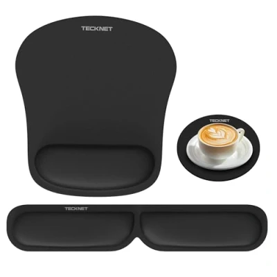 Immagine di Tecknet Tappetino Mouse Ergonomico 3 in 1, Pad Poggiapolsi per Tastiera e Sottobicchiere, Kit di Memory Foam Computer da Ufficio, Gamer, Antiscivolo, Impermeabile Pieghevole