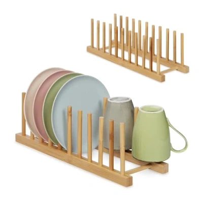 Immagine di Relaxdays Set 2 Scolapiatti, per 10 Ognuno, Porta Piatti, Coperchi o Taglieri, Supporto in bambù, Legno Naturale, 100%