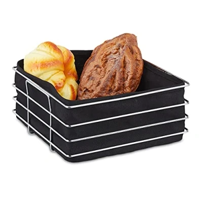 Immagine di Relaxdays Brotkorb Cestino per Pane, Cesto Portapane in Acciaio, Rivestimento Stoffa, Moderno, Cesta Porta Frutta, Nero, Inossidabile Metallo, 1 pz