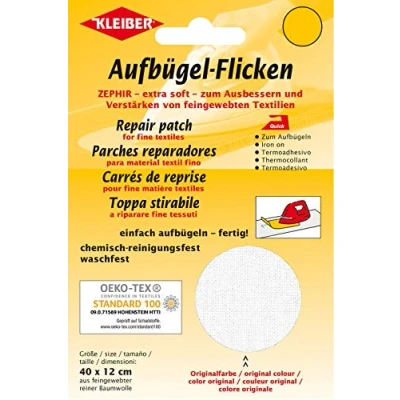 Immagine di Kleiber Toppa per riparazioni termoadesiva in Cotone Extra Morbido 40 x 12 cm, Bianco