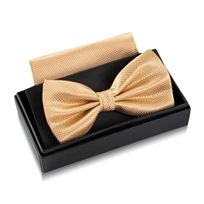 Immagine di Papillon beige con fazzoletto da uomo Set abito per matrimonio regolabile in color champagne