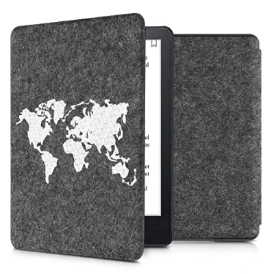 Immagine di kwmobile Custodia Compatibile con Amazon Kindle Paperwhite 11. Generation 2021 Cover a Libro per eReader Protezione in Feltro Flip Case Sagoma Mondo Bianco/Grigio Scuro
