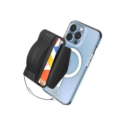 Immagine di Sinjimoru [2022 Updated] iPhone 14 Magnetic Phone Wallet for MagSafe, Card Holder with Cell Kickstand &amp; Grip Strap 12 13 Series. M BGrip Black