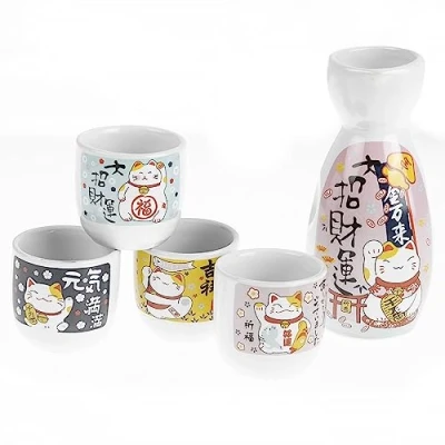 Immagine di lachineuse Servizio Sake Maneki Neko, Multicolore, Carafe : 12,5 cm Tasse 4,5 x