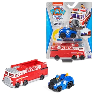 Immagine di Paw Patrol, Camion dei Pompieri e Auto della Polizia di Chase in Metallo, Veicoli Die Cast Scala 1:55, Giocattoli per Bambini dai 3 Anni su
