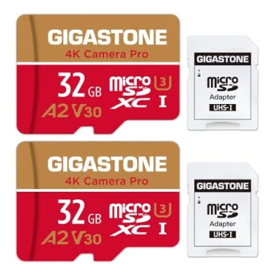 Immagine di GIGASTONE Scheda di memoria da 32 GB, confezione 2 schede, 4 K, fotocamera Pro, compatibile con GoPro Drone Switch, velocità 95 MB/s. per 4K UHD Video, A2 U3 V30 MicroSDHC Adattatore SD