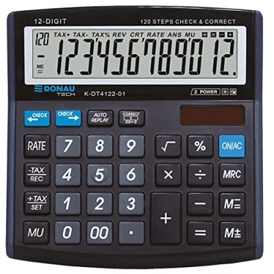 Immagine di DONAU TECH/K DT4122 01 Calcolatrice da tavolo, funzione radice a 12 cifre, 136 x 134 28 mm, con display doppia alimentazione, funzionamento batteria, design compatto, colore: Nero
