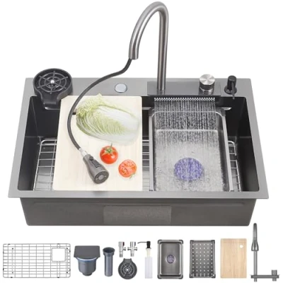Immagine di lavello da cucina a cascata Ribanedy 81 cm, in acciaio inossidabile grigio scuro, versatile moderno vasca singola con rubinetto spruzzo estraibile e accessori