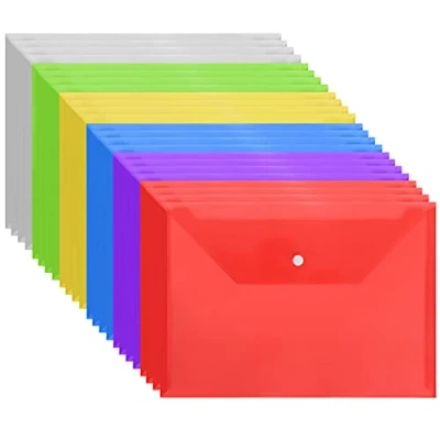 Immagine di Belle Vous Confezione da 24 Busta Trasparente con Bottone A4 Cartelletta in Colori Assortiti Portadocumenti Casa, Ufficio e Scuola Documenti, Ricevute, Certificati Buste