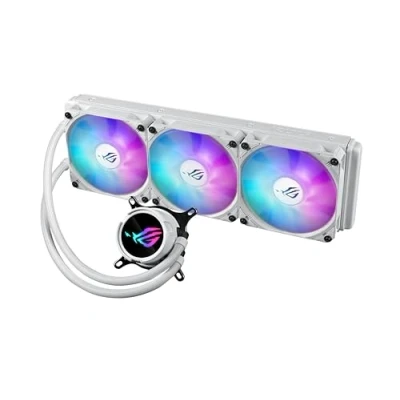 Immagine di ASUS ROG Strix LC II 360 ARGB White Edition, dissipatore a liquido all in one per CPU con Aura Sync, supporto Intel LGA 1700 e AMD AM4/TR4 3 ventole RGB da 120 mm indirizzabili, Bianco
