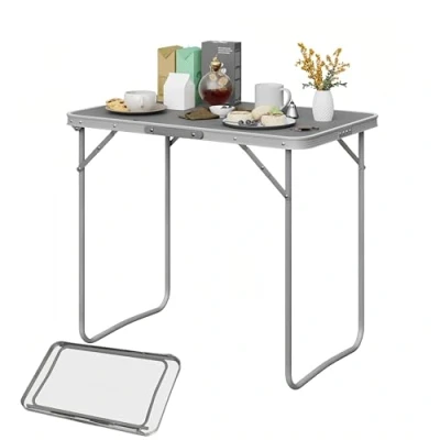 Immagine di eSituro Tavolo da Campeggio, Tavolino Pieghevole Giardino, Balcone, con Maniglia in Gomma, Picnic 80x50x70 cm, Alluminio e MDF, Carico 20 kg Grigio SCPT0033