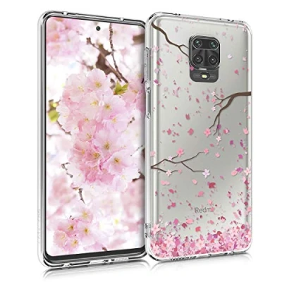 Immagine di kwmobile Custodia Compatibile con Xiaomi Redmi Note 9S / 9 Pro Max Cover Silicone TPU Protezione Back Case Pioggia di petali rosa/marrone scuro/trasparente
