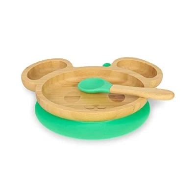 Immagine di BIOZOYG Set con Piatto di bambù Topo I base a ventosa e cucchiaio certificato FSC ciotola in legno per bambini da merenda Stoviglie verdi