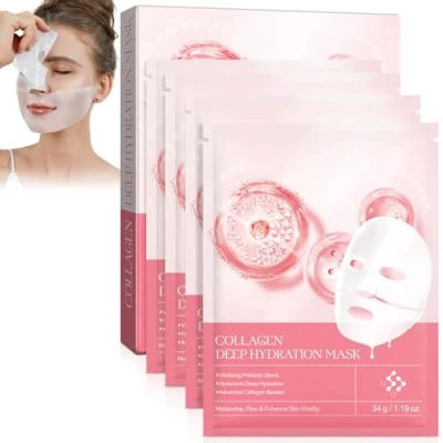 Immagine di maschera viso al collagene biologico, 4 pezzi, da avvolgere collagene, idratante per il viso, riduce le linee sottili e rughe, minimizza i pori, migliora l&#039;elasticità,