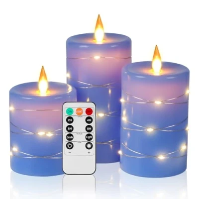 Immagine di candele LED Angolo di visione a 360 gradi, con luci stellate, 3 pezzi telecomando 10 tasti, funzione timer 24 ore, fiamma danzante, cera reale (Blu).