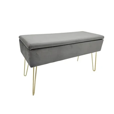 Immagine di ECHTWERK panca Scarlett, imbottita con rivestimento in velluto, cassettiera rettangolare, per trucco vano portaoggetti, gambe metallo, grigio, 77 x 33 18 cm, misto poliestere,