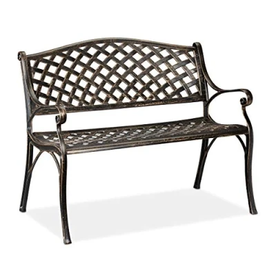 Immagine di Relaxdays Panca da Giardino e Balcone, a 2 Posti, Design Antico, in Alluminio, Misure HLP: 82 x 102 60 cm, Nero Bronzo