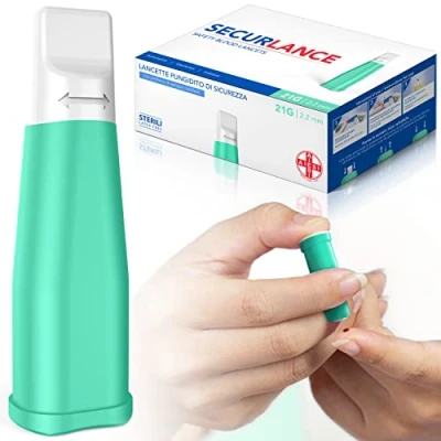 Immagine di AIESI® Lancette pungidito monouso sterili con sistema di sicurezza e punta in acciaio inox retrattile ago 21G SECURLANCE (Confezione da 100 pezzi)