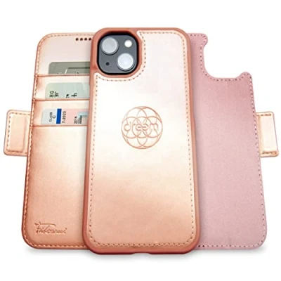 Immagine di dreem Fibonacci compatibile con iPhone 14 custodia a portafoglio/custodia antiurto 2 in 1 e folio pelle vegana staccabile, MagSafe, protezione RFID [Rosa]