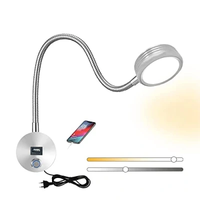 Immagine di LED Lampada da Lettura Muro, 5W Luce Comodino Dimmerabile Con Porta di Ricarica USB, a Collo D&#039;oca Flessibile della Camera Letto Touch Control, Interni Applique per (Argento)