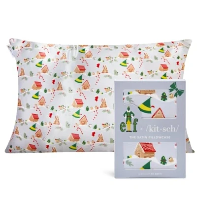 Immagine di Elf x Kitsch federa in raso, più morbida della seta, per capelli e pelle, federe raso rinfrescante con cerniera, standard queen (pervinca natalizia)