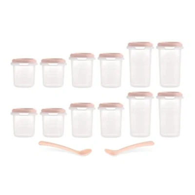 Immagine di Miniland Set 12 Hermisized Candy. Confezione da ermetici graduati (200, 250 e 330ml) due cucchiai, sicuro, resistente adatto per lavastoviglie, microonde congelatore. Collezione Dolce.