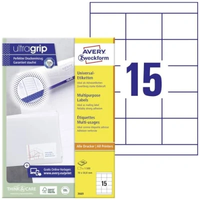 Immagine di Avery Zweckform 3669 Etichetta universale 70 x 50.8 mm Carta Bianco 1500 pz. a tenuta permanente Stampante getto dinchiostro, laser,