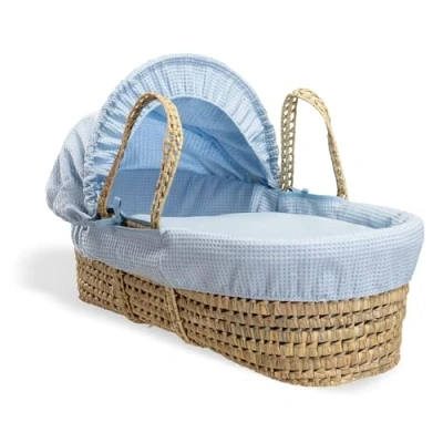 Immagine di Clair de Lune Cesta per culla in palma a nido d&#039;ape con biancheria da letto, 75 x 28 cm, blu