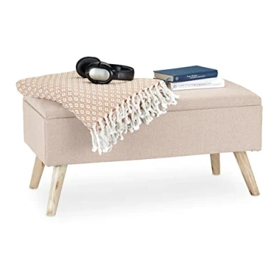 Immagine di Relaxdays Panca con Contenitore, Imbottita, Gambe in Legno, Cassapanca Foderata, HLP 39,5x79,5x39,5 cm, Beige