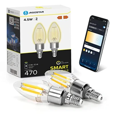 Immagine di Aigostar Lampadine Smart WiFi E14 Alexa Vintage C35 4.5W Edison Lampadina Dimmerabile 2700K 6500K, Controllo Remoto tramite APP, Compatibile Con Alexa, Google Home, Trasparente 2 pezzi