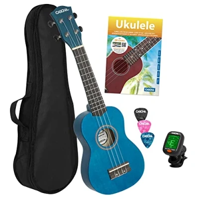 Immagine di CASCHA Set ukulele soprano, per bambini e adulti, con 3 plettri, custodia libri di apprendimento tramite codice QR, accordatore Aquila, corde in nylon, piccola chitarra hawaiana, blu