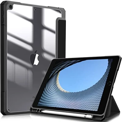 Immagine di FINTIE Custodia per iPad 10.2 Pollici 9a / 8a 7a Generazione (2021 2020 2019) [Built in Pencil Holder] Antiurto Sottile Case Posteriore Trasparente Cover con Auto Sveglia/Sonno, Nero