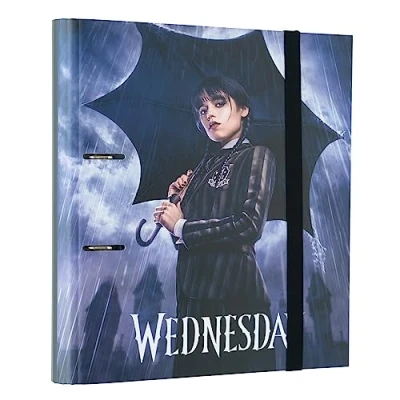Immagine di Grupo Erik: Raccoglitore A4 ad anelli mercoledì Addams, a 2 con elastico e copertina rigida in cartone, 32 x 27 cm, Cartellina portadocumenti A4, addams gadget