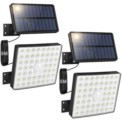 Immagine di Moman Faretti Solari a Led da Esterno, 2 Pezzi Lampada Solare con Sensore di Movimento 54 LED/4 Modes IP65 Impermeabile 5M Cavo Faro Esterno Pannello Solare, Faretto Luce