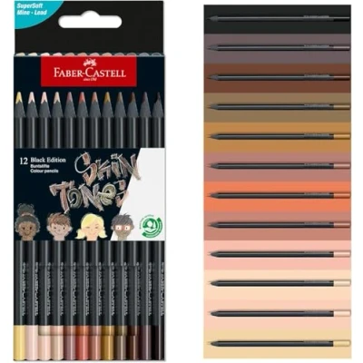 Immagine di Faber Castell 116414 Matite colorate tonalità pelle Black Edition, scatola di cartone da 12 pezzi, infrangibile, triangolare,