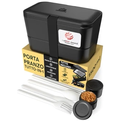 Immagine di Umami Bento Box portapranzo tutto in uno, per adulti, contenitori la preparazione dei pasti uomo/donna, (1500 ml, Onice Nero)
