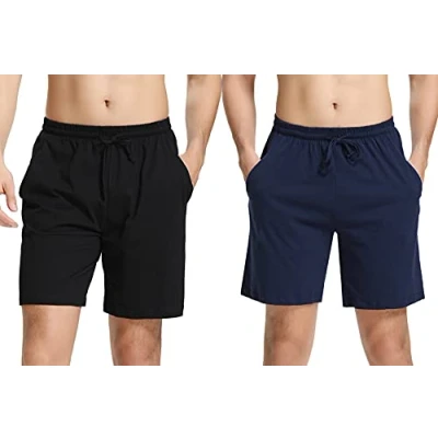 Immagine di Irdcomps Pantaloncini Pigiama da Uomo Cotone Pantaloni Corti Bermuda Casual Pantalone Corto Estivo in Tinta Unita con Coulisse e Tasche Comodo Traspirante Nero+Blu Scuro M