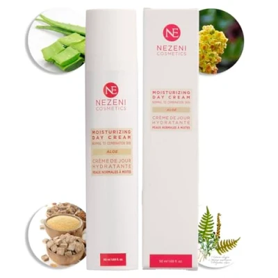 Immagine di Nezeni Crema Idratante Viso All&#039;Aloe Vera 79,70% 17 principi attivi Aumenta l&#039;elasticità della pelle Giorno per Pelli Normali, Grasse e Miste A BASSO CONTENUTO DI CONSERVANTI