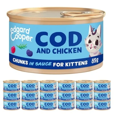 Immagine di Edgard &amp; Cooper Cibo Umido per Gatti Junior Gattini Sterilizzati o Attivi Carne in Salsa Senza Cereali Mangime Naturale 85g x 18 Merluzzo Pollo Fresco, Alimentazione Completa e Sana
