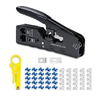 Immagine di 6COMGIGA Strumento di crimpatura RJ45 RJ12 all in one, crimpatrice Ethernet per connettori modulari Cat5, Cat5e, Cat6, Cat6a, Cat7, con mini spelafili, 50 e coperture CAT6