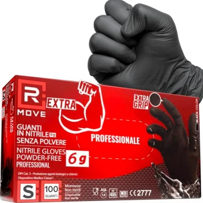 Immagine di R MOVE 100 Guanti in Nitrile NERI 6 grammi EXTRA RESISTENTI 60% di SPESSORE più al dito rispetto 3,5 gr NO polvere lattice per Meccanici, Tatuatori, Ristorazione, monouso (S)