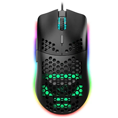Immagine di Hoopond Mouse da gioco cablato, 6 RGB 6400 DPI programmabili USB con pulsanti, Design ergonomico a conchiglia nido d&#039;ape per giocatori PC e utenti Xbox PS4 Nero