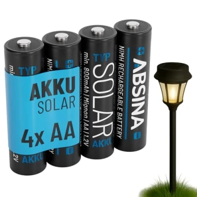 Immagine di ABSINA 4x Batterie solari AA ricaricabili 800mAh 1.2V NiMH per solare a bassa autoscarica batteria solare, lampada, pile