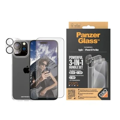 Immagine di PanzerGlass Pacchetto 3 in 1 per Apple iPhone 15 Pro Max 2023 da 6,7 pollici, protezione completa contro cadute e graffi, facile installare
